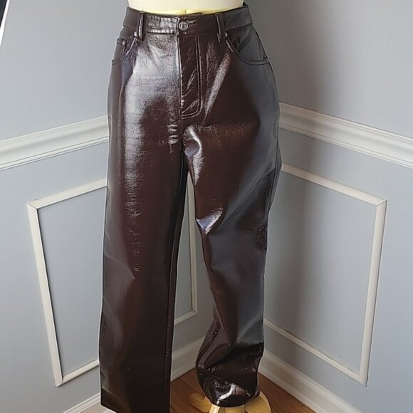 ASOS Chocolate Brown Faux Leather Shinny High Waist Straight Leg Boho Pants 30 - Picture 1 of 9